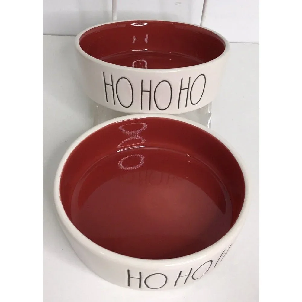 2 Dish Bowl Rae Dunn Christmas HO HO HO Small Dog Cat Pet Food Water NEW